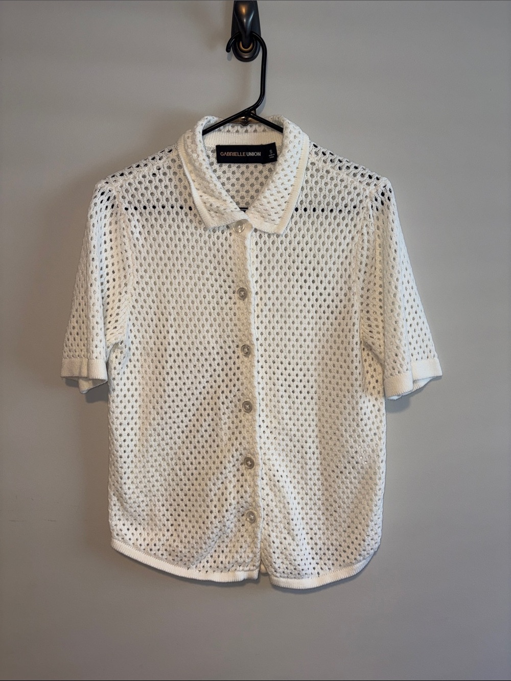 Gabrielle Union White Crochet Button-Down Shirt